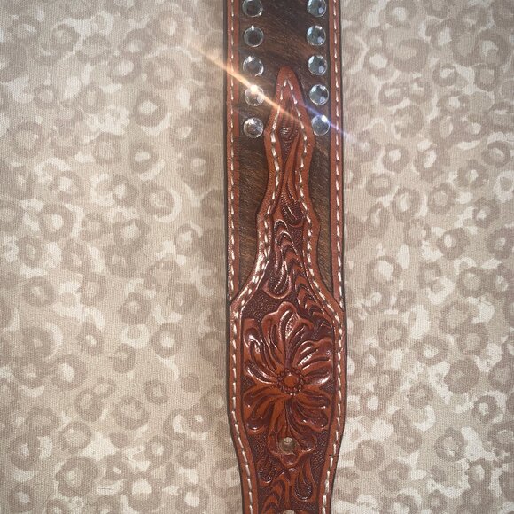 Western Tooled Hair-on Studded Belt 32” - Picture 6 of 11